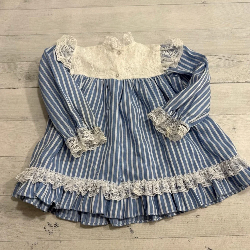 Vintage hugs & kisses baby girl blue white stripes lace dress 24 months